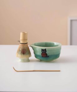 Green Black Black Cat Ceramic Matcha Bowl Set with Bamboo Whisk & Holder, 450ml Starter Kit