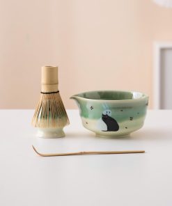 Green Black Black Cat Ceramic Matcha Bowl Set with Bamboo Whisk & Holder, 450ml Starter Kit