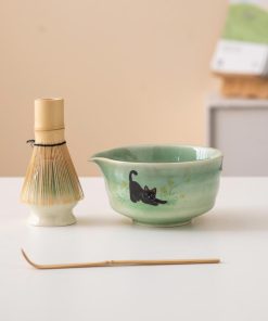 Green Black Black Cat Ceramic Matcha Bowl Set with Bamboo Whisk & Holder, 450ml Starter Kit