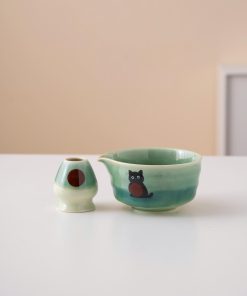 Green Black Black Cat Ceramic Matcha Bowl Set with Bamboo Whisk & Holder, 450ml Starter Kit