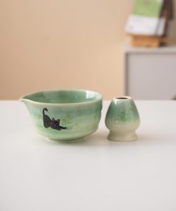 Green Black Black Cat Ceramic Matcha Bowl Set with Bamboo Whisk & Holder, 450ml Starter Kit