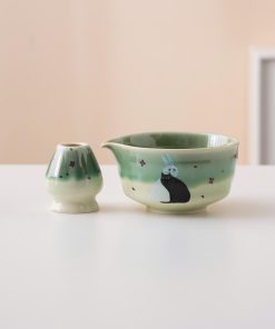 Green Black Black Cat Ceramic Matcha Bowl Set with Bamboo Whisk & Holder, 450ml Starter Kit