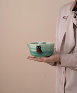 Green Black Black Cat Ceramic Matcha Bowl Set with Bamboo Whisk & Holder, 450ml Starter Kit