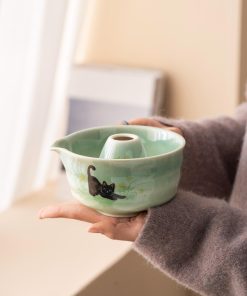 Green Black Black Cat Ceramic Matcha Bowl Set with Bamboo Whisk & Holder, 450ml Starter Kit