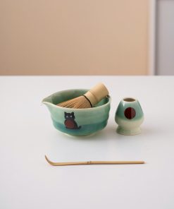Green Black Black Cat Ceramic Matcha Bowl Set with Bamboo Whisk & Holder, 450ml Starter Kit
