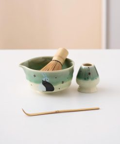 Green Black Black Cat Ceramic Matcha Bowl Set with Bamboo Whisk & Holder, 450ml Starter Kit