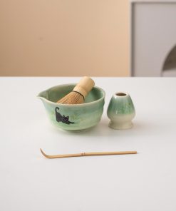 Green Black Black Cat Ceramic Matcha Bowl Set with Bamboo Whisk & Holder, 450ml Starter Kit