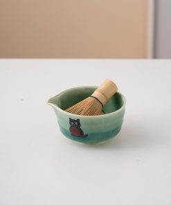 Green Black Black Cat Ceramic Matcha Bowl Set with Bamboo Whisk & Holder, 450ml Starter Kit
