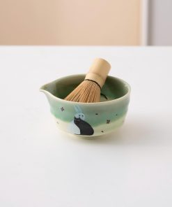 Green Black Black Cat Ceramic Matcha Bowl Set with Bamboo Whisk & Holder, 450ml Starter Kit