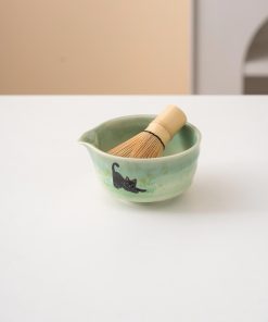 Green Black Black Cat Ceramic Matcha Bowl Set with Bamboo Whisk & Holder, 450ml Starter Kit