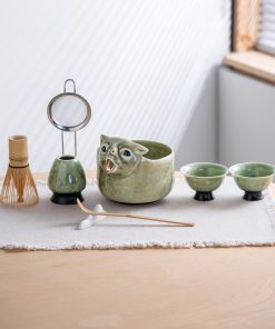 Green Cat Ceramic Matcha Bowl Set, 570ml Starter Kit