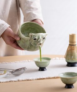 Green Cat Ceramic Matcha Bowl Set, 570ml Starter Kit