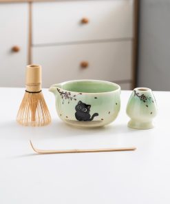 Green Cat Hand-painted Ceramic Matcha Bowl Set with Bamboo Whisk, 450ml Starter Kit