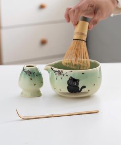 Green Cat Hand-painted Ceramic Matcha Bowl Set with Bamboo Whisk, 450ml Starter Kit