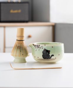 Green Cat Hand-painted Ceramic Matcha Bowl Set with Bamboo Whisk, 450ml Starter Kit