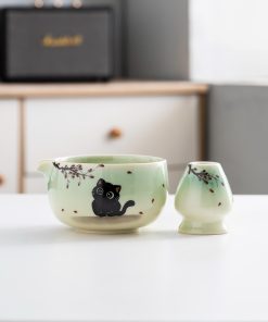 Green Cat Hand-painted Ceramic Matcha Bowl Set with Bamboo Whisk, 450ml Starter Kit