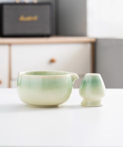 Green Cat Hand-painted Ceramic Matcha Bowl Set with Bamboo Whisk, 450ml Starter Kit