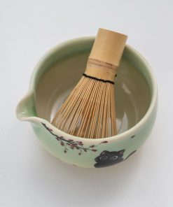 Green Cat Hand-painted Ceramic Matcha Bowl Set with Bamboo Whisk, 450ml Starter Kit