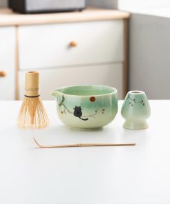 Green Cat Hand-painted Ceramic Matcha Bowl Set with Bamboo Whisk & Holder, 450ml Starter Kit