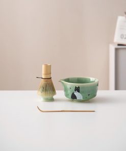 Green Cat Hand-painted Ceramic Matcha Bowl Set with Bamboo Whisk & Holder, 450ml Starter Kit