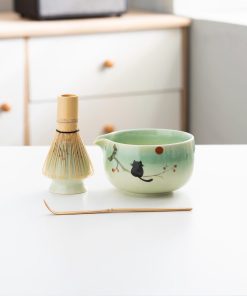 Green Cat Hand-painted Ceramic Matcha Bowl Set with Bamboo Whisk & Holder, 450ml Starter Kit
