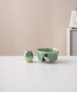 Green Cat Hand-painted Ceramic Matcha Bowl Set with Bamboo Whisk & Holder, 450ml Starter Kit