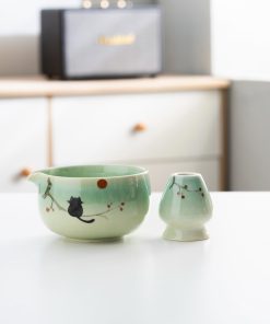 Green Cat Hand-painted Ceramic Matcha Bowl Set with Bamboo Whisk & Holder, 450ml Starter Kit