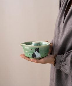 Green Cat Hand-painted Ceramic Matcha Bowl Set with Bamboo Whisk & Holder, 450ml Starter Kit