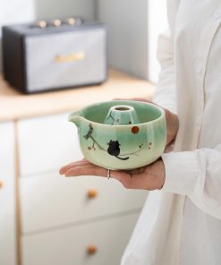 Green Cat Hand-painted Ceramic Matcha Bowl Set with Bamboo Whisk & Holder, 450ml Starter Kit