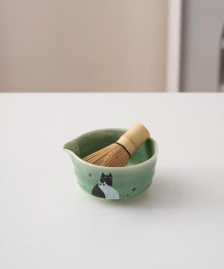 Green Cat Hand-painted Ceramic Matcha Bowl Set with Bamboo Whisk & Holder, 450ml Starter Kit
