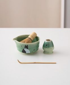 Green Cat Hand-painted Ceramic Matcha Bowl Set with Bamboo Whisk & Holder, 450ml Starter Kit