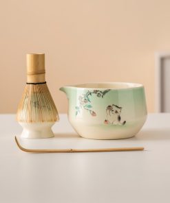 Green Cat Hand-painted Ceramic Matcha Bowl Set with Spout, Bamboo Whisk & Holder, 450ml Starter Kit