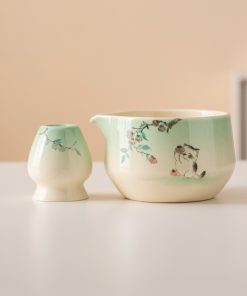 Green Cat Hand-painted Ceramic Matcha Bowl Set with Spout, Bamboo Whisk & Holder, 450ml Starter Kit