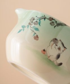 Green Cat Hand-painted Ceramic Matcha Bowl Set with Spout, Bamboo Whisk & Holder, 450ml Starter Kit