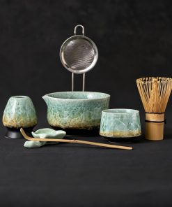 Green Ceramic Matcha Bowl Set with Bamboo Whisk, 500ml Starter Kit