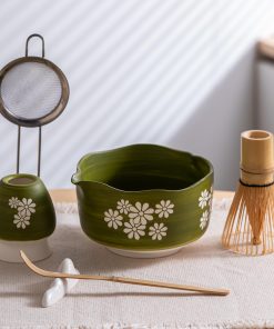 Green Ceramic Matcha Bowl Set with Bamboo Whisk, 500ml Starter Kit