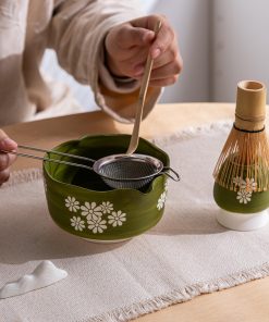 Green Ceramic Matcha Bowl Set with Bamboo Whisk, 500ml Starter Kit