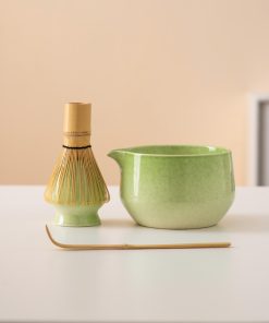 Green Ceramic Matcha Bowl Set with Spout, Bamboo Whisk & Holder, 450ml Starter Kit