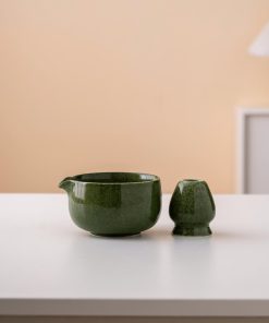 Green Ceramic Matcha Bowl Set with Spout, Bamboo Whisk & Holder, 450ml Starter Kit