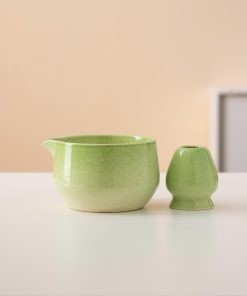 Green Ceramic Matcha Bowl Set with Spout, Bamboo Whisk & Holder, 450ml Starter Kit