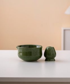Green Ceramic Matcha Bowl Set with Spout, Bamboo Whisk & Holder, 450ml Starter Kit