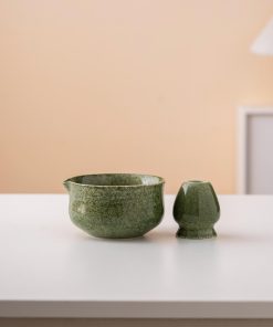 Green Ceramic Matcha Bowl Set with Spout, Bamboo Whisk & Holder, 450ml Starter Kit