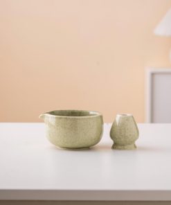Green Ceramic Matcha Bowl Set with Spout, Bamboo Whisk & Holder, 450ml Starter Kit