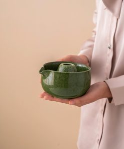 Green Ceramic Matcha Bowl Set with Spout, Bamboo Whisk & Holder, 450ml Starter Kit