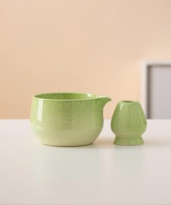 Green Ceramic Matcha Bowl Set with Spout, Bamboo Whisk & Holder, 450ml Starter Kit