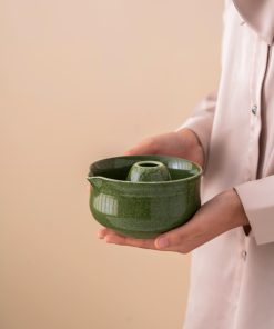 Green Ceramic Matcha Bowl Set with Spout, Bamboo Whisk & Holder, 450ml Starter Kit