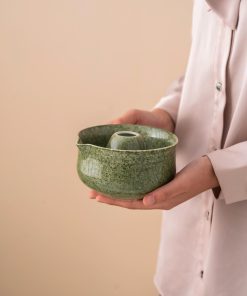 Green Ceramic Matcha Bowl Set with Spout, Bamboo Whisk & Holder, 450ml Starter Kit