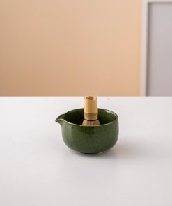 Green Ceramic Matcha Bowl Set with Spout, Bamboo Whisk & Holder, 450ml Starter Kit