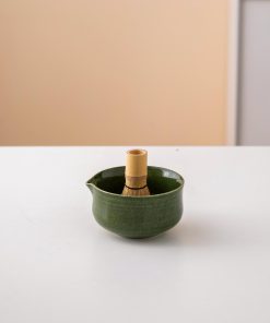 Green Ceramic Matcha Bowl Set with Spout, Bamboo Whisk & Holder, 450ml Starter Kit