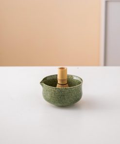 Green Ceramic Matcha Bowl Set with Spout, Bamboo Whisk & Holder, 450ml Starter Kit